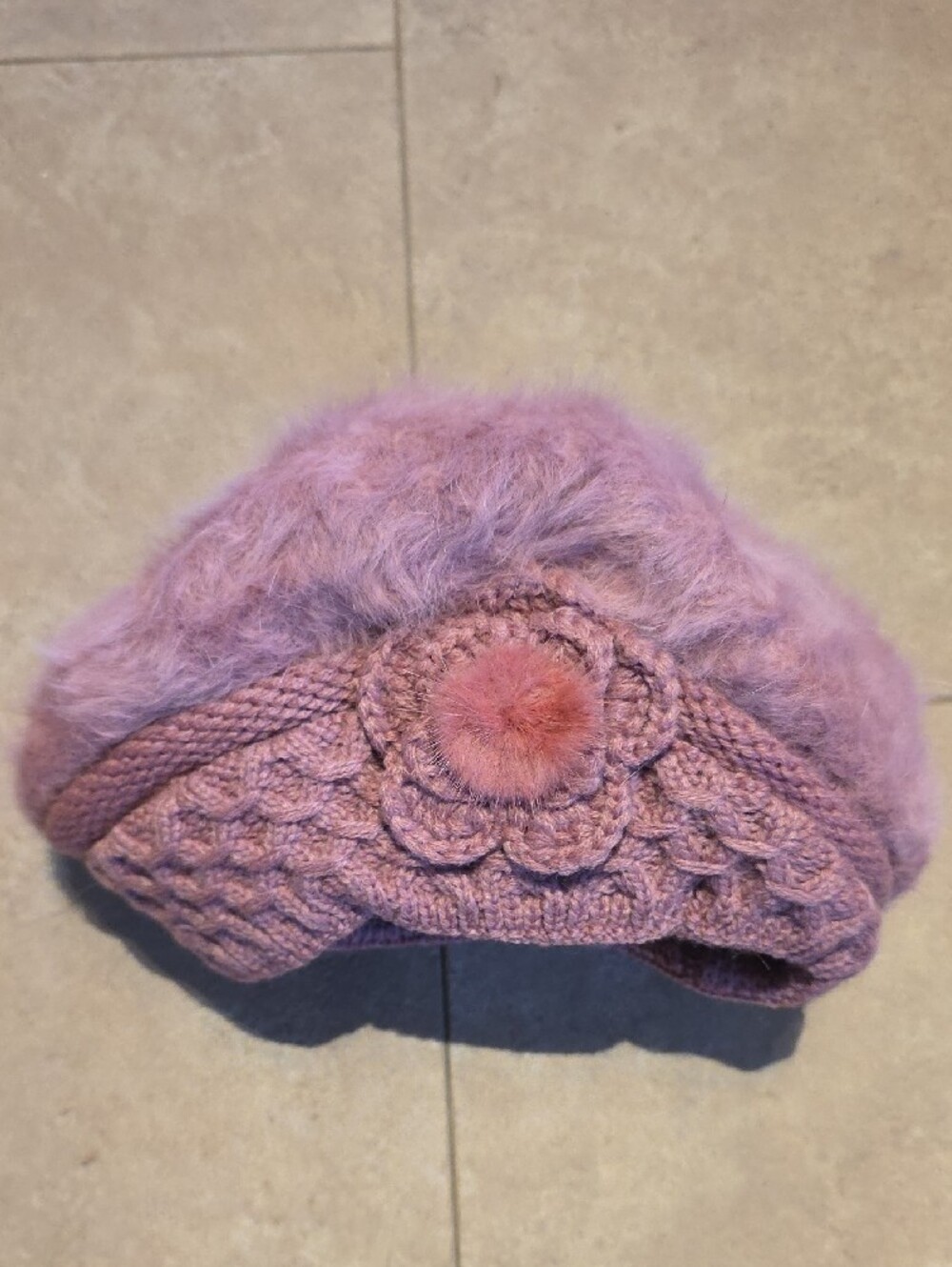 Kids Plush Lavender Knit Beret with Flower Accent